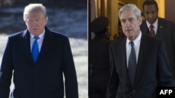FILE - This combination of pictures shows U.S. President Donald Trump on the South Lawn of the White House in Washington, Jan. 5, 2018, and former FBI Director Robert Mueller, special counsel on the Russian investigation, at the U.S. Capitol in Washington, June 21, 2017. 