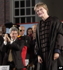 Harvard President Drew Gilpin Faust pauses during applause after being inaugurated as the first woman to lead Harvard. ( Friday, Oct. 12, 2007)
