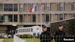 French gendarme stand in front of the entrance of the Fleury-Merogis prison near Paris, France, Apr. 27, 2016. The prison is home to Salah Abdeslam, the sole surviving suspect in last November’s Paris terror attacks, who is held there in isolation.