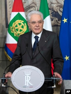 Italian President Sergio Mattarella talks to the media at the end of the second round of consultations, at the Quirinale Presidential Palace, in Rome, April 13, 2018.