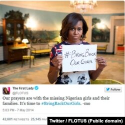 FILE - First Lady Michelle Obama's post on Twitter on abducted Nigerian schoolgirls.