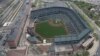 In this aerial photo, Oriole Park at Camden Yards sits empty in Baltimore, as unrest that occurred after Freddie Gray's funeral continues into a second day, April 28, 2015.