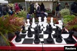 Chess set pieces are displayed along with flowers on a stand at the RHS Cardiff Flower Show, Cardiff, Wales, April 15, 2018.