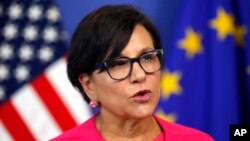 U.S. Secretary of Commerce Penny Pritzker speaks during a news conference in the Commission Berlaymont building in Brussels, Belgium, Tuesday, July 12, 2016. 