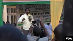 Opposition candidate Frank Habineza speaks at a political rally in the outskirts of Kigali. (Z. Baddorf for VOA)