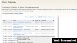 西雅图联邦地区法院网站庭审日程中显示的威廉·阿里案的时间和地点。