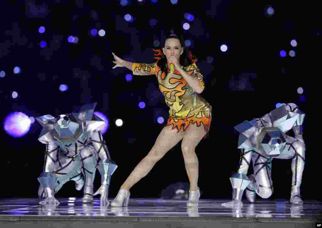 Singer Katy Perry performs during halftime of NFL Super Bowl XLIX football game between the Seattle Seahawks and the New England Patriots in Glendale, AZ. 