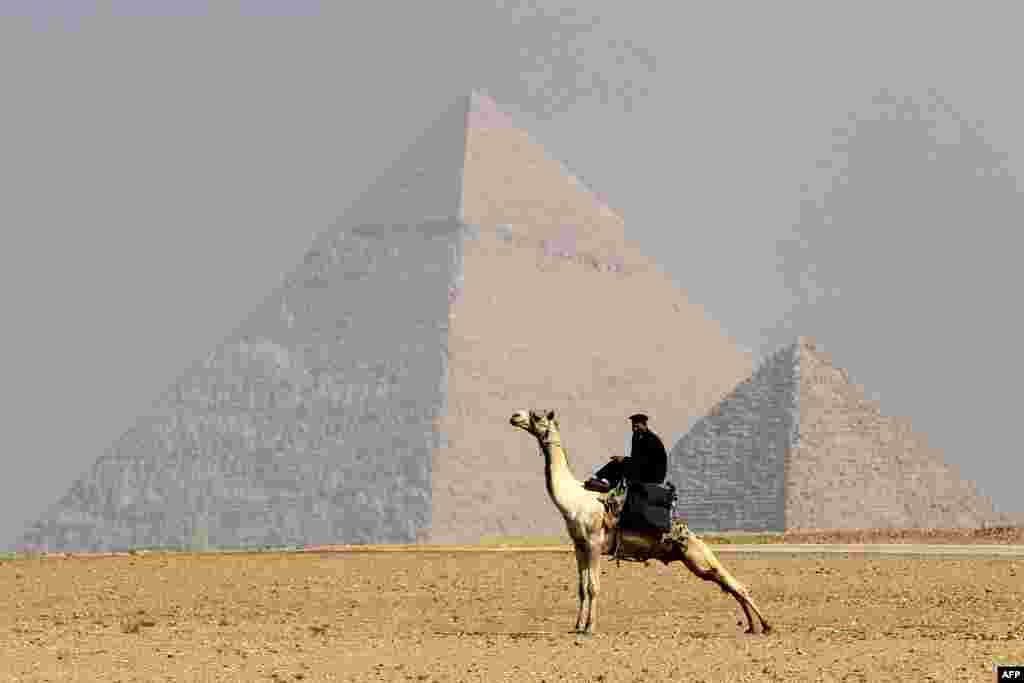 A mask-wearing Egyptian policeman rides a camel in front of the Giza Pyramids on the southwestern outskirts of the Egyptian capital Cairo.