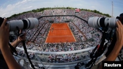 A general view shows the Philippe Chatrier court at the French Open tennis tournament at the Roland Garros stadium.