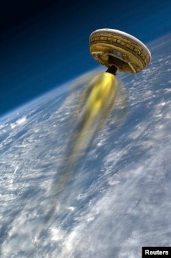 An undated artist's concept shows the test vehicle for NASA's Low-Density Supersonic Decelerator (LDSD), designed to test landing technologies for future Mars missions.