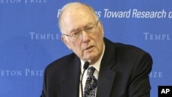FILE - Charles Townes speaks after winning the Templeton Prize in New York, March 9, 2005