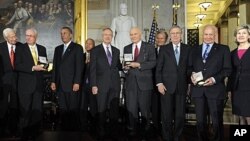 U.S. astronauts Armstrong, Glenn and Aldrin receive the Congressional Gold Medal in Washington, Nov. 16, 2011.