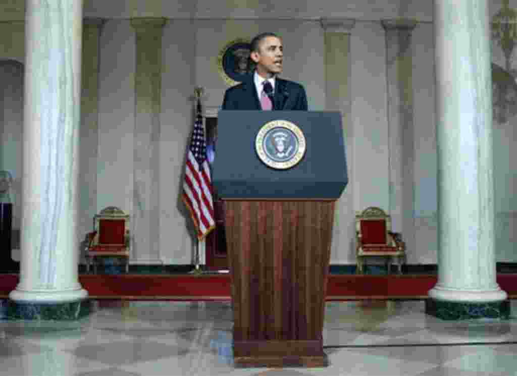 President Barack Obama makes a statement on the resignation of Egypt's President Hosni Mubarak in the Grand Foyer at the White House in Washington, February 11, 2011