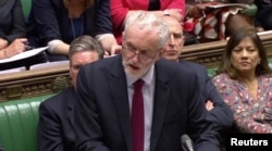 Britain's opposition Labour Party leader Jeremy Corbyn speaks after a round of voting on alternative Brexit options at the House of Commons in London, Britain, April 1, 2019 in this still image taken from video.