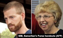 FILE - A combination photo shows Dr. Kent Brantly, left, and Nancy Writebol. Brantly and Writebol had contracted Ebola virus while in West Africa, were flown to Emory University Hospital in Atlanta. Both recovered and were released this week.
