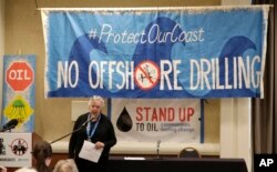 Crystal Dingler, the mayor of Ocean Shores, Wash., speaks at a hearing in Olympia, Wash., organized by a coalition of environmental groups opposed to the Trump administration's proposal to expand offshore oil drilling off the Pacific Northwest coast, March 5, 2018.
