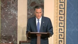In this image from video, Sen. Mitt Romney, R-Utah, speaks on the Senate floor about the impeachment trial against President Donald Trump at the U.S. Capitol in Washington, Wednesday, Feb. 5, 2020.