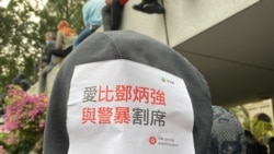 參與1-19天下制裁流水式集會的17歲高中生Wilson ，在帽子上貼上諷刺新任警務處處長鄧炳強的標語。(美國之音 湯惠芸拍攝)