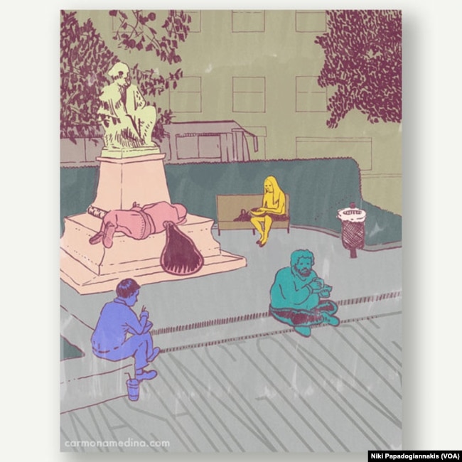 Artist Carlos Carmonamedina's postcard of white collar workers eating lunch at the fountain in DuPont Circle in Washington, D.C.