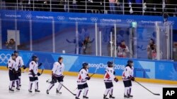 Fans cheer the combined Koreas team after the classification round of the women's hockey game against Sweden at the 2018 Winter Olympics in Gangneung, South Korea, Tuesday, Feb. 20, 2018. Sweden won 6-1. (AP Photo/Frank Franklin II)