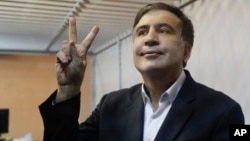 Former Georgian President Mikheil Saakashvili gestures in a court room in Kiev, Ukraine, Dec. 11, 2017. 