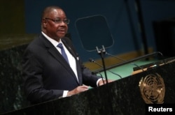 Malawi's President Arthur Peter Mutharika speaks at the Nelson Mandela Peace Summit during the 73rd United Nations General Assembly in New York, Sept. 24, 2018.