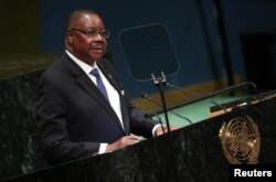 Malawi's President Arthur Peter Mutharika speaks at the Nelson Mandela Peace Summit during the 73rd United Nations General Assembly in New York, Sept. 24, 2018.