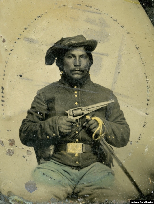 This undated photo shows an unidentified Native American soldier dressed in a Union uniform. Native Americans fought on both sides of the U.S. Civil War.