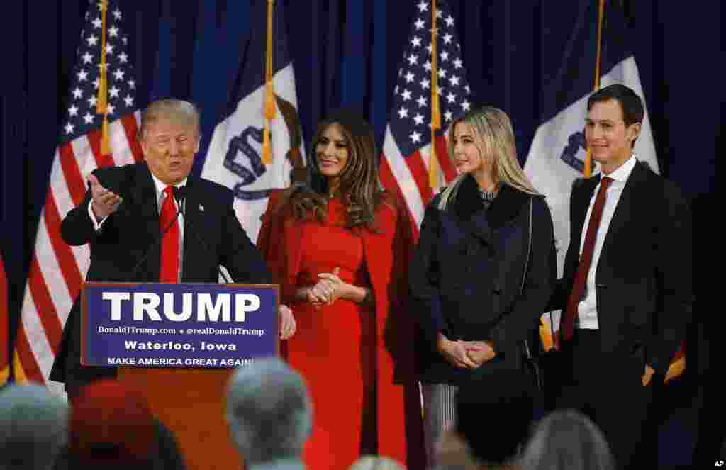 Republican presidential candidate Donald Trump, accompanied by (from second from left) wife, Melania; daughter, Ivanka; her husband, Jared Kushner; speaks during a campaign event in Waterloo, Iowa, Feb. 1, 2016.