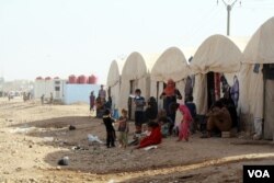 After he was released and cleared, Yazan moved into these large tents with neighbors from Raqqa who also escaped recently on Oct. 25, 2017, in Ain Issa, Syria (H. Murdock/VOA)