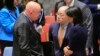 United Nations Ambassadors Vasily Nebenzya of Russia, left, Liu Jieyi of China, center, and Nikki Haley of the U.S., right, confer after the United Nations nonproliferation meeting on North Korea, Sept. 4, 2017 at U.N. headquarters.