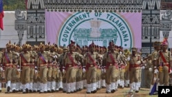 Indian police march during the Telangana formation day celebrations at parade grounds in Hyderabad, India, June 2, 2014. 