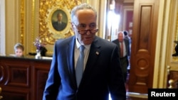 Senate Minority Leader Chuck Schumer, D-N.Y., speaks to reporters after a Democratic caucus meeting at the U.S. Capitol in Washington, May 10, 2017.