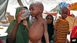 Newly displaced mother Bisharo Ali Sidow, 27, gives water to her malnourished son Hassan Hussein Ali, at a camp in the Sahal area on the outskirts of Mogadishu, Somalia, April 8, 2017. 