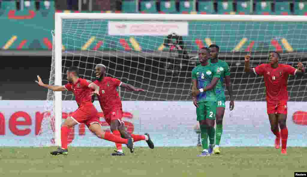 Equatorial Guinea&#39;s Pablo Ganet celebrates scoring their first goal against match Sierra Leone in Cameroon on Jan. 20, 2022.