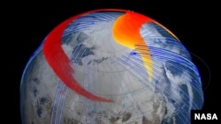 Still from animation about the meteor plume Model and satellite data show that four days after the bolide explosion, the faster, higher portion of the plume (red) had snaked its way entirely around the northern hemisphere and back to Chelyabinsk, Russia.