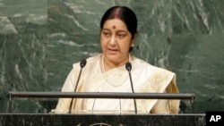 Sushma Swaraj, India's minister of external affairs, speaks during the 70th session of the U.N. General Assembly in New York, Oct. 1, 2015.