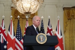 U.S. President Joe Biden delivers remarks on a National Security Initiative virtually with Australian Prime Minister Scott Morrison and British Prime Minister Boris Johnson, both not pictured, inside the East Room at the White House, Sept. 15. 2021.