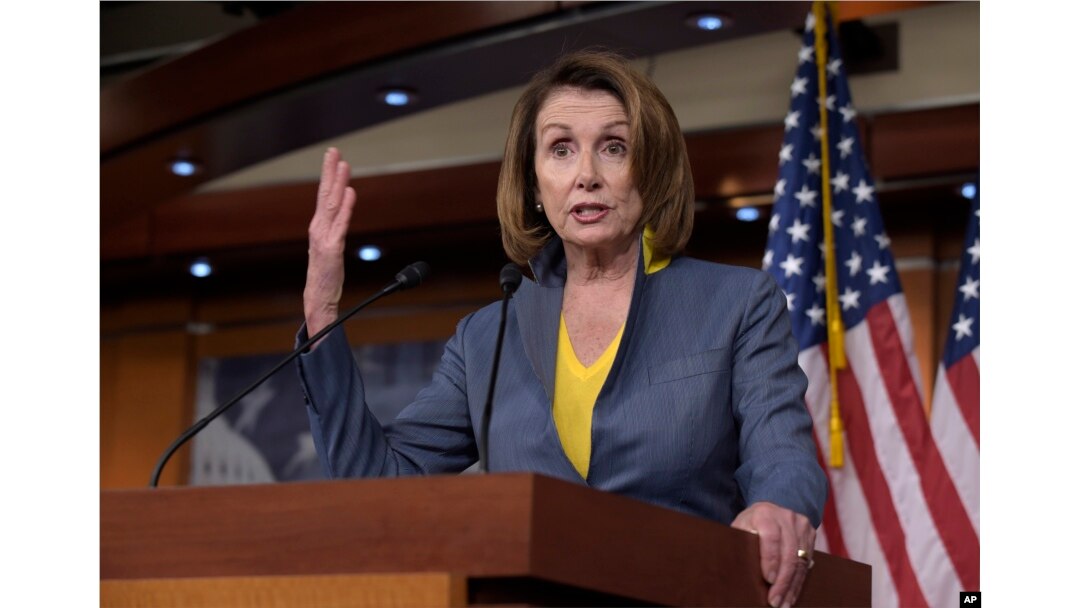 FILE - House Minority Leader Nancy Pelosi of California speaks during a news conference on Capitol Hill in Washington, March 23, 2017.