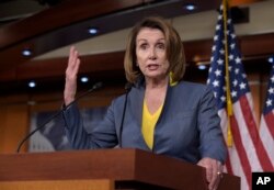 FILE - House Minority Leader Nancy Pelosi of Calif. speaks during a news conference on Capitol Hill in Washington, March 23, 2017.