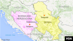 Map of Serbia and Bosnia Herzegovina showing Srebrenica