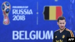 Eden Hazard dalam sesi latihan timnas Belgia di Stadion Guchkovo, di Dedovsk, di luar Kota Moskow, 8 Juli 2018, menjelang laga semifinal Piala Dunia 2018 melawan Perancis.
