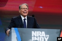 FILE - National Rifle Association Executive Vice President Wayne LaPierre speaks at the NRA Annual Meeting of Members in Indianapolis, Indiana, April 27, 2019.