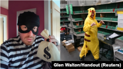 Petugas pos Glen Walton menggunakan kostum saat bekerja dan menggalang dana untuk pandemi COVID-19.