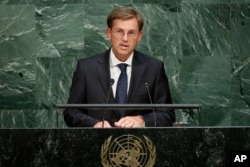 FILE - Slovenian Prime Minister Miro Cerar addresses the 2015 Sustainable Development Summit, Sept. 25, 2015, at the United Nations headquarters.