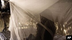 Mother and child lying under the long-lasting insecticidal net that they have just received. Suburb of Niamey, Niger