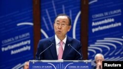 United Nations Secretary-General Ban Ki-moon addresses the Parliamentary Assembly of the Council of Europe in Strasbourg, France, June 23, 2015.