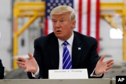 FILE - Then-Republican presidential candidate Donald Trump speaks during a coal mining roundtable at Fitzgerald Peterbilt in Glade Spring, Va., Aug. 10, 2016.