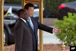 FILE - Chinese President Xi Jinping, right, shows Zimbabwe’s former President Robert Mugabe the way during a welcome ceremony outside the Great Hall of the People in Beijing, China, Aug. 25, 2014.