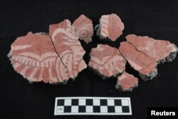 Mural fragments depicting a bird, recently discovered in the Tlajinga neighborhood of the ancient city of Teotihuacan. (Courtesy of David Carballo/Proyecto Arqueologico Tlajnga (PATT)/Handout via REUTERS)